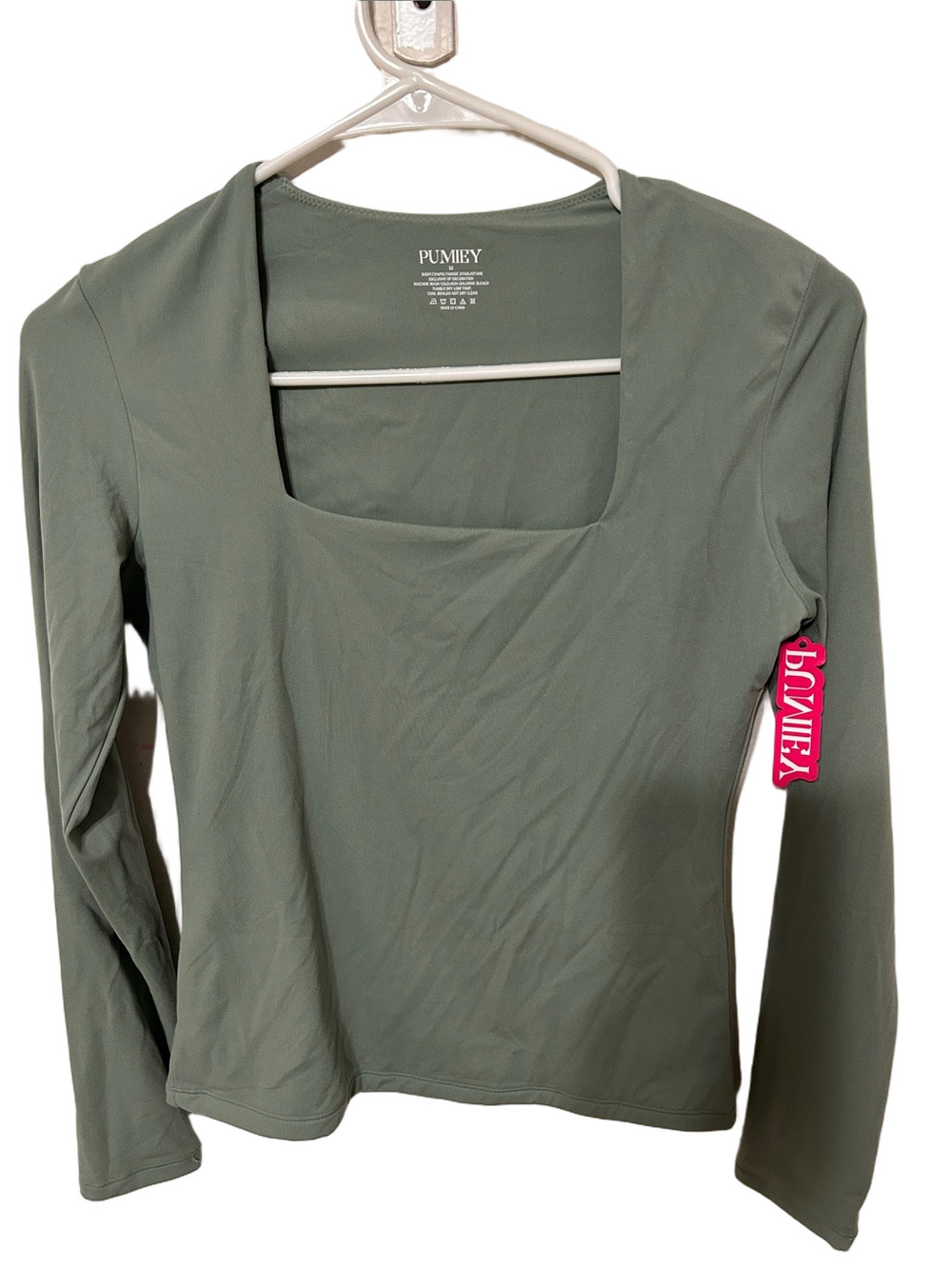 🐣Pumiey  Green Square-Neck Long Sleeve Top size M NEW